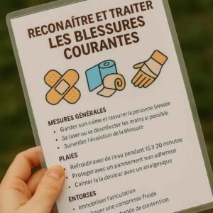 Photo d’une main tenant une fiche plastifiée illustrée avec pansement, main blessée et icône de premiers soins – fiche résistante pour apprendre à soigner en autonomie sans secours immédiat