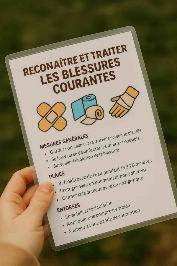 Photo d’une main tenant une fiche plastifiée illustrée avec pansement, main blessée et icône de premiers soins – fiche résistante pour apprendre à soigner en autonomie sans secours immédiat