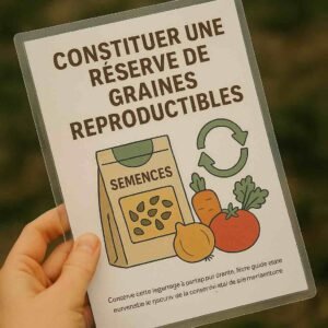 Photo d’une main tenant une fiche plastifiée illustrée avec des sachets de graines, une pelle de jardinage et des légumes – fiche résistante pour apprendre à conserver et semer ses propres graines en autonomie