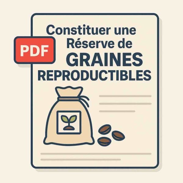 Illustration d’une fiche PDF avec sachets de semences, légumes variés et symboles de cycle naturel – guide visuel pour constituer une réserve de graines potagères en autonomie