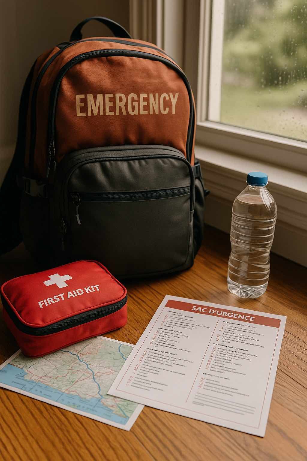 Sac d’évacuation d’urgence posé sur le sol avec du matériel de survie en plein air