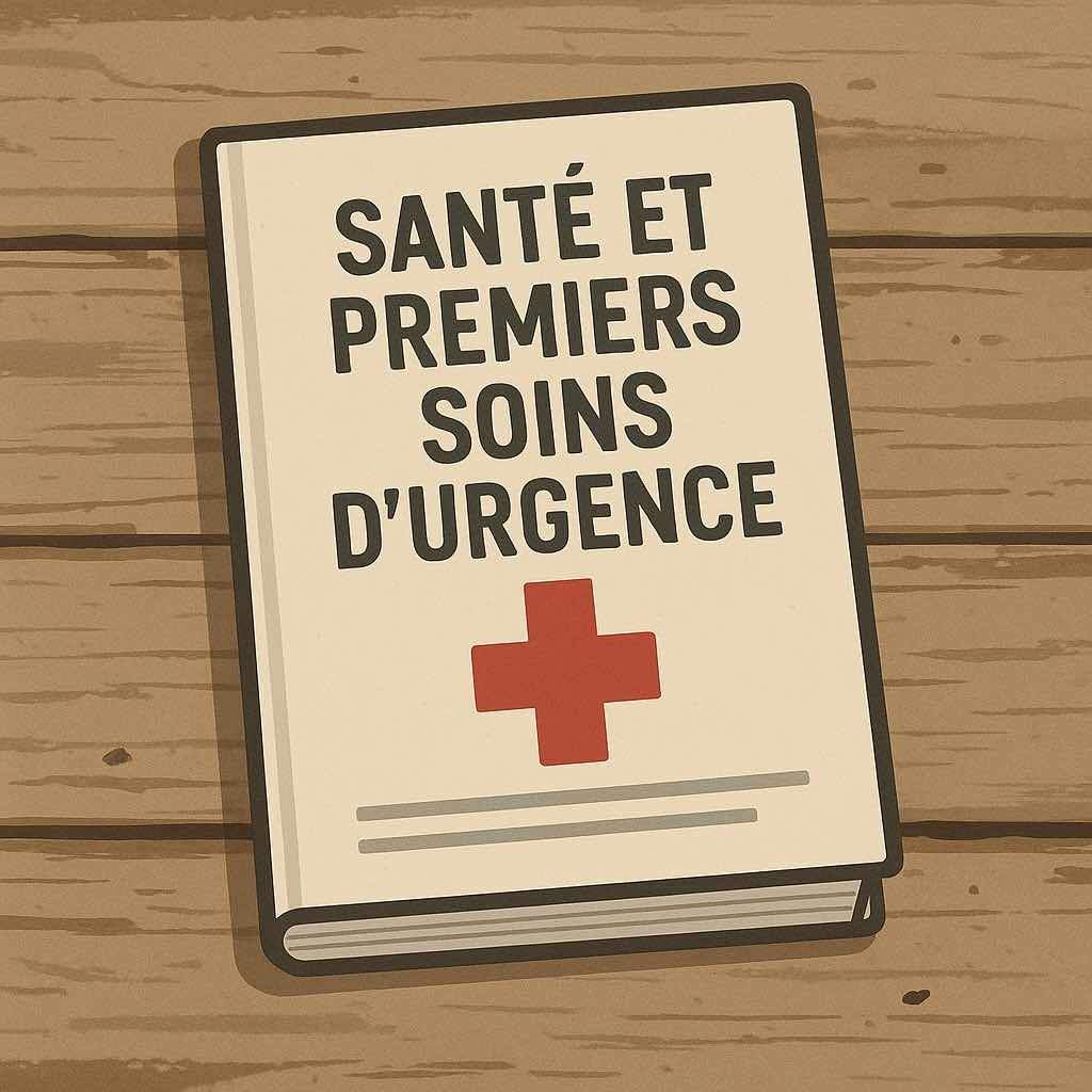 Illustration d'une fiche de survie intitulée Santé et premiers soins d'urgence, posée sur une surface en bois, avec une croix rouge en couverture