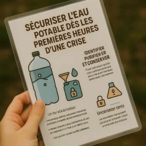 Guide plastifié tenu en main pour sécuriser l’eau potable en situation de crise, illustré à l’extérieur.