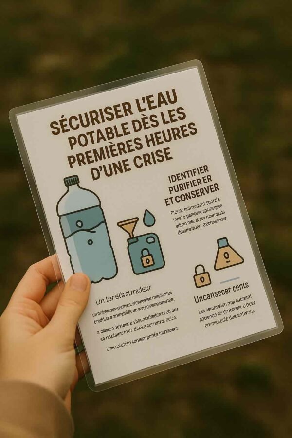 Guide plastifié tenu en main pour sécuriser l’eau potable en situation de crise, illustré à l’extérieur.