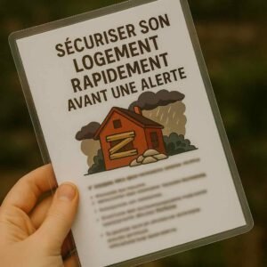 Carte plastifiée "Sécuriser son logement rapidement avant une alerte", tenue en main, avec contenu flouté pour une présentation immersive