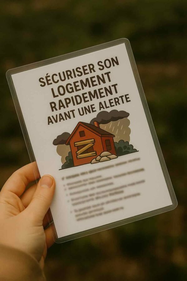 Carte plastifiée "Sécuriser son logement rapidement avant une alerte", tenue en main, avec contenu flouté pour une présentation immersive