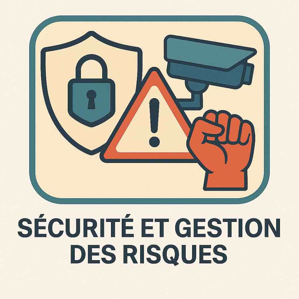 Illustration rétro d’un bouclier avec cadenas, triangle d’alerte, caméra de sécurité et poing levé – Catégorie Sécurité et gestion des risques