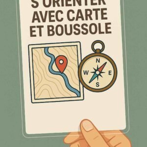 Photo d’une main tenant une fiche plastifiée illustrée avec une boussole et une carte topographique – fiche résistante pour apprendre à s’orienter sans GPS ni électricité