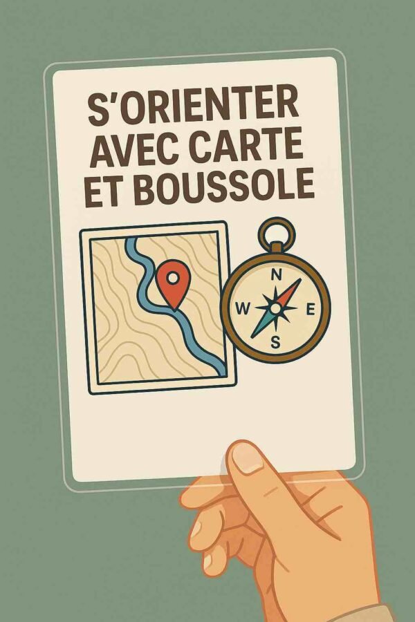 Photo d’une main tenant une fiche plastifiée illustrée avec une boussole et une carte topographique – fiche résistante pour apprendre à s’orienter sans GPS ni électricité