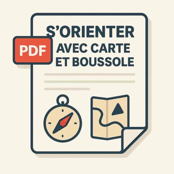 Illustration d’une fiche PDF montrant une boussole, une carte topographique et une direction à suivre – guide pratique pour s’orienter sans GPS ni réseau