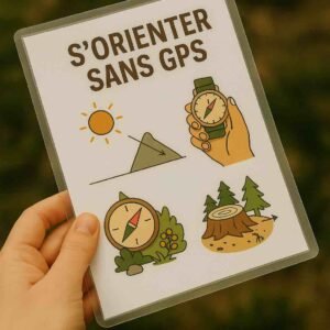 Photo d’une main tenant une fiche plastifiée illustrée avec des repères solaires, une boussole improvisée et des flèches d’orientation – fiche résistante pour s’orienter sans technologie sur le terrain
