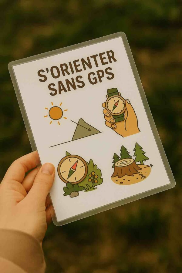 Photo d’une main tenant une fiche plastifiée illustrée avec des repères solaires, une boussole improvisée et des flèches d’orientation – fiche résistante pour s’orienter sans technologie sur le terrain