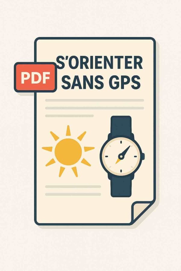 Illustration d’une fiche PDF avec soleil, boussole improvisée, ombre portée et repères naturels – guide pratique pour s’orienter sans technologie en situation d’autonomie