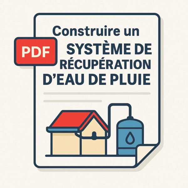 Illustration d’une fiche PDF sur la récupération d’eau de pluie, avec schéma de gouttière et cuve de stockage, en style digital flat-design