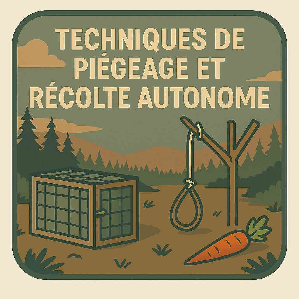 Illustration vintage d’un piège en cage, d’un collet suspendu et d’une carotte, sur fond de forêt et de montagne – Catégorie Techniques de piégeage et récolte autonome