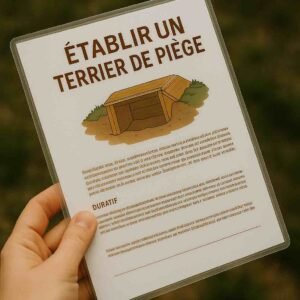 Photo d’une main tenant une fiche plastifiée illustrée, montrant un piège artisanal et un rongeur sur fond naturel – version extérieure, résistante à l’eau et non lisible à distance