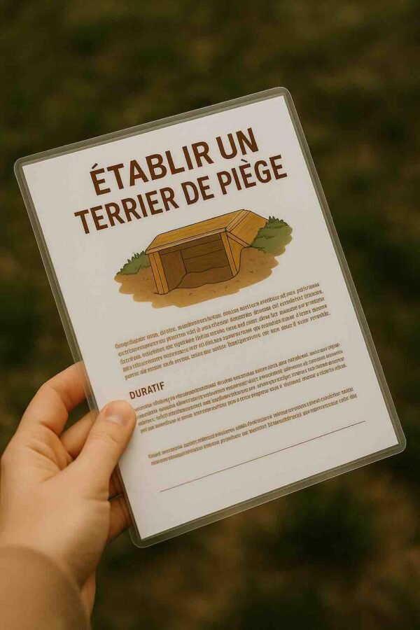 Photo d’une main tenant une fiche plastifiée illustrée, montrant un piège artisanal et un rongeur sur fond naturel – version extérieure, résistante à l’eau et non lisible à distance