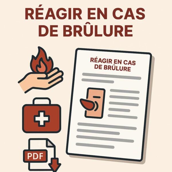 Illustration numérique représentant une fiche de survie téléchargeable au format PDF, dédiée aux brûlures thermiques, chimiques et électriques