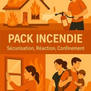 Illustration d’un pack incendie avec une maison en flammes, un homme utilisant un extincteur, une femme fermant une fenêtre et une famille en évacuation – visuel en style plat sur fond orangé