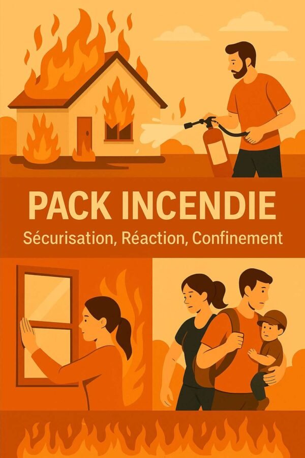 Illustration d’un pack incendie avec une maison en flammes, un homme utilisant un extincteur, une femme fermant une fenêtre et une famille en évacuation – visuel en style plat sur fond orangé