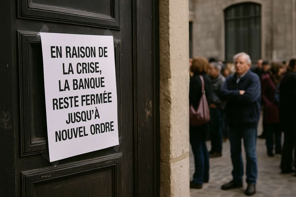 Une scène réaliste en Europe montrant des citoyens rassemblés devant une banque fermée durant une crise financière, illustrant la peur des blocages bancaires et des saisies d’épargne