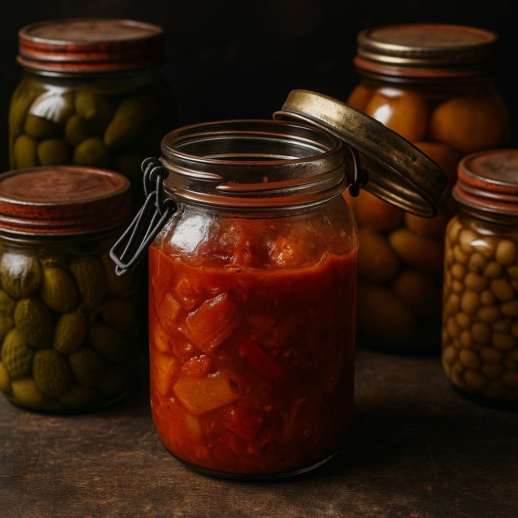 Bocaux en verre remplis de légumes et conserves maison sur une table en bois, illustrant la conservation des aliments sans électricité
