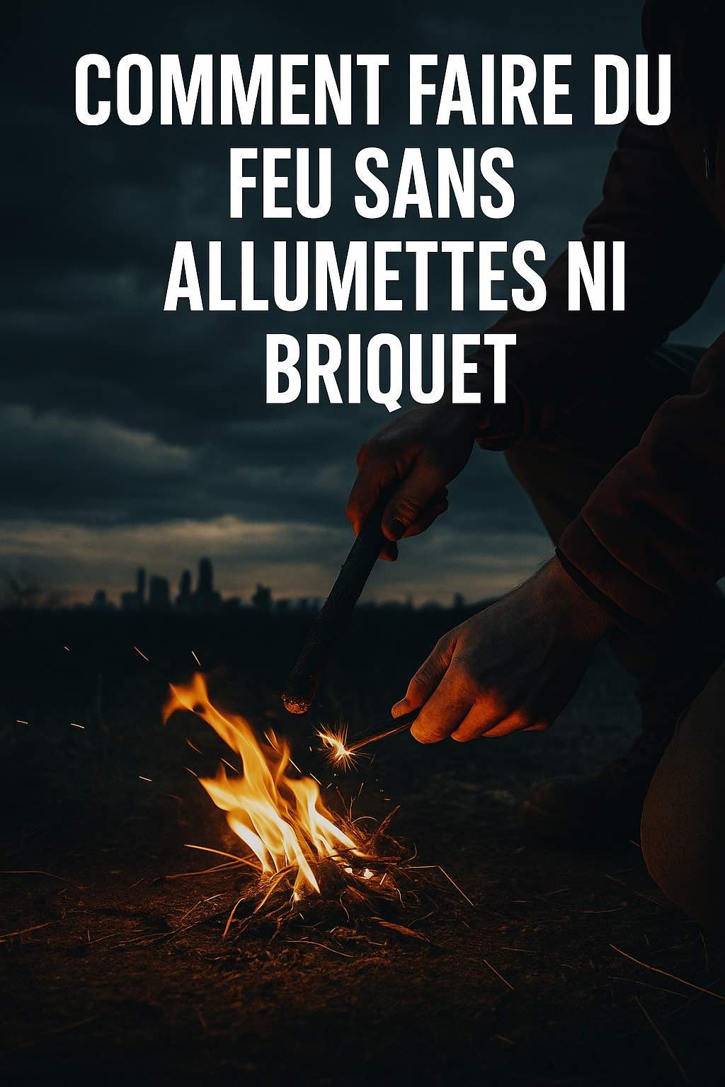 Personne allumant un feu avec un firesteel dans un paysage sombre, illustrant l’urgence de savoir allumer un feu sans allumettes ni briquet