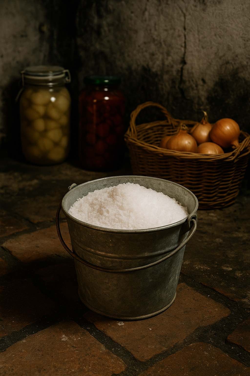 Vue rapprochĂ©e dâun garde-manger souterrain avec bocaux et sacs entreposĂ©s sur des clayettes en bois dans une piĂšce rustique, illustrant la gestion de lâhumiditĂ© pour conserver les aliments sans frigo