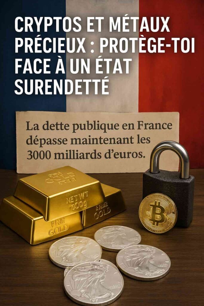 Pièces d’or et lingots sur fond de graphique rouge en chute, illustrant la protection par cryptos et métaux précieux face à la dette et aux crises bancaires