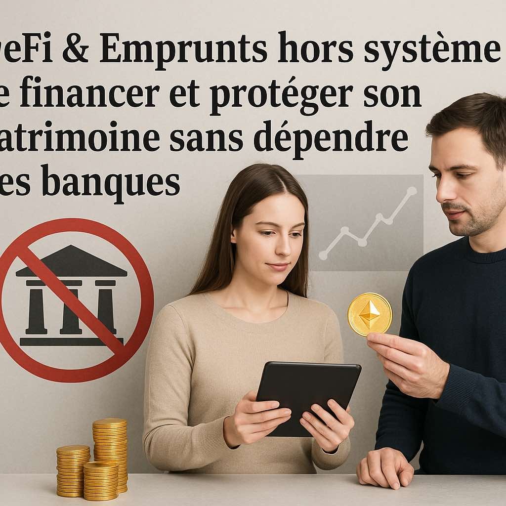 Homme et femme utilisant des outils numériques pour la finance décentralisée avec symbole d’interdiction de banque, pièce Ethereum et graphiques, illustrant le financement hors système bancaire.
