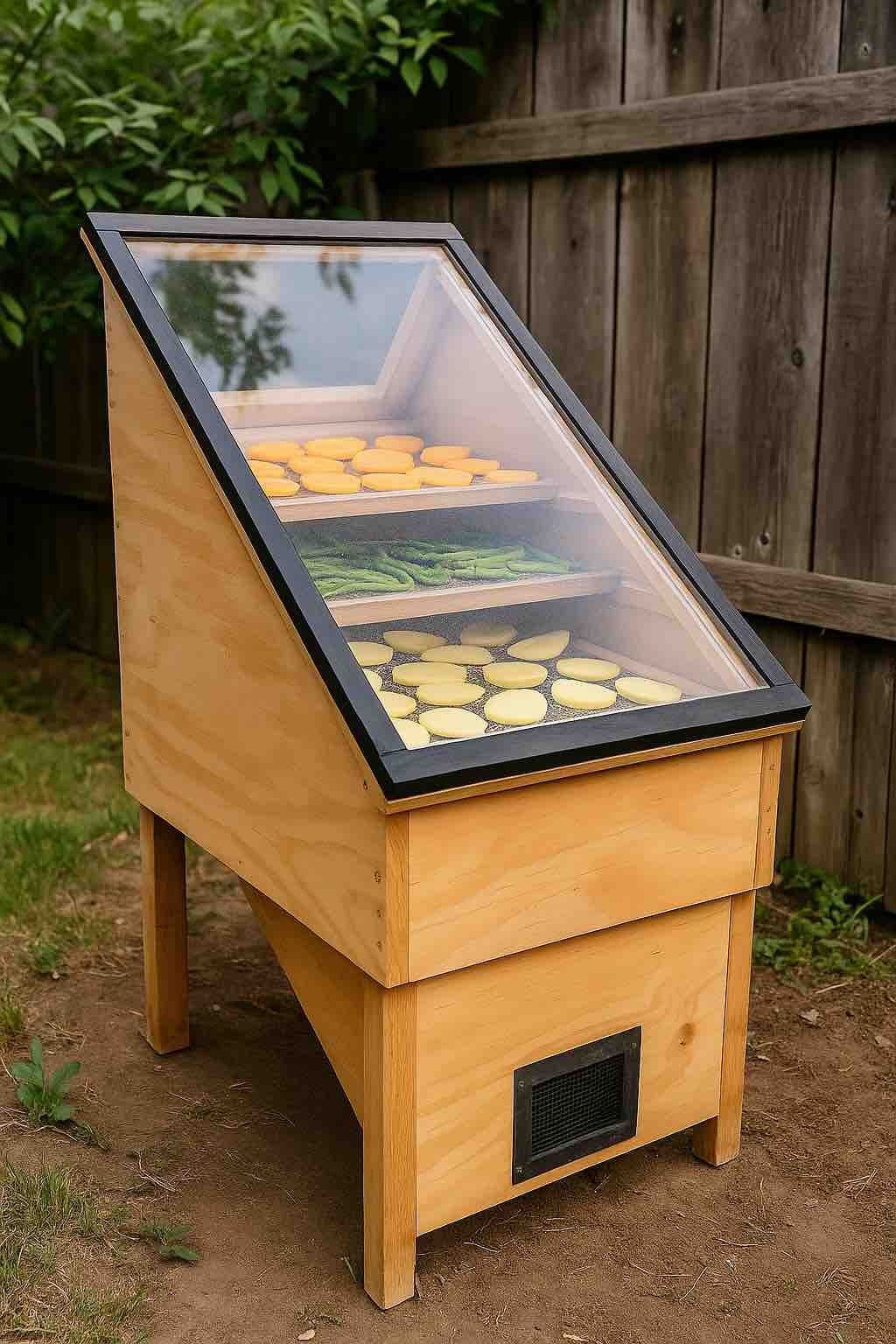 Déshydrateur solaire maison en bois avec fruits et légumes en train de sécher à l’intérieur, posé dans un jardin clôturé