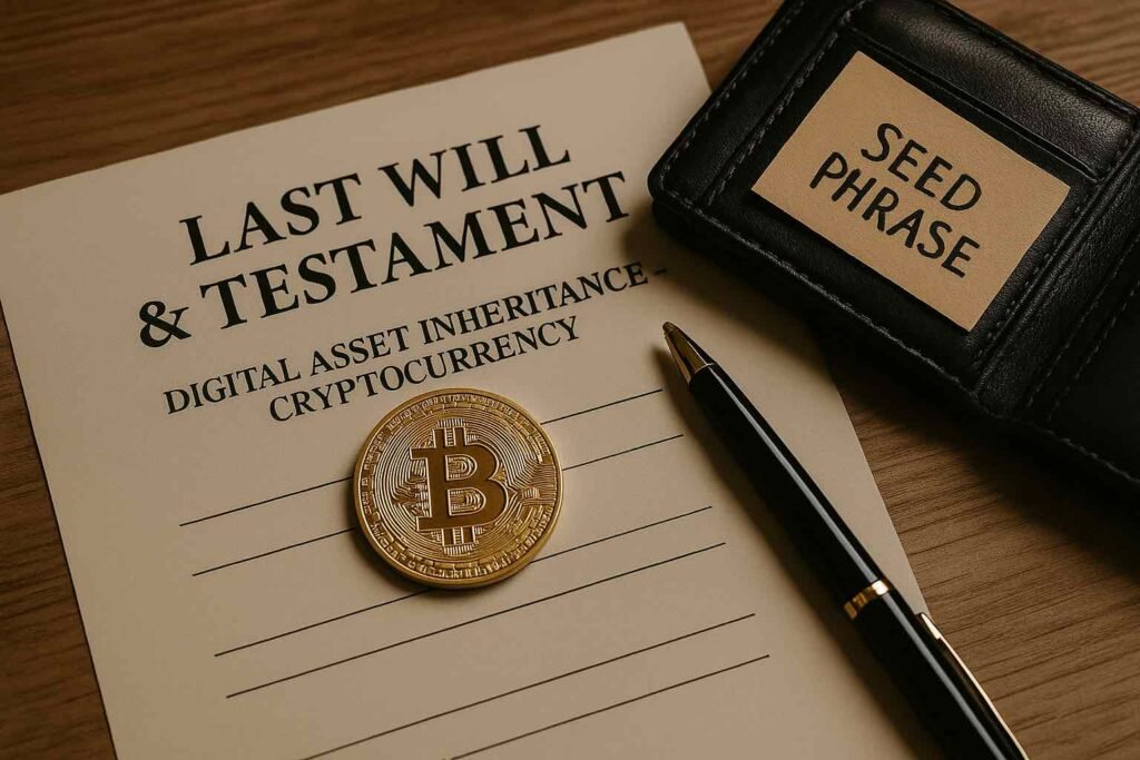 Image d’un testament numérique posé sur un bureau, avec une clé USB et un portefeuille crypto, illustrant la transmission sécurisée d’actifs numériques en cas de décès