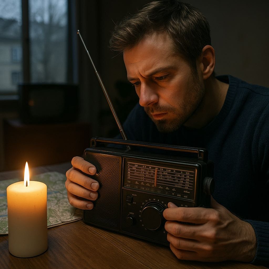 Un homme ajuste un vieux poste radio portable à piles en extérieur, illustrant la recherche d’informations sans Internet en situation de crise
