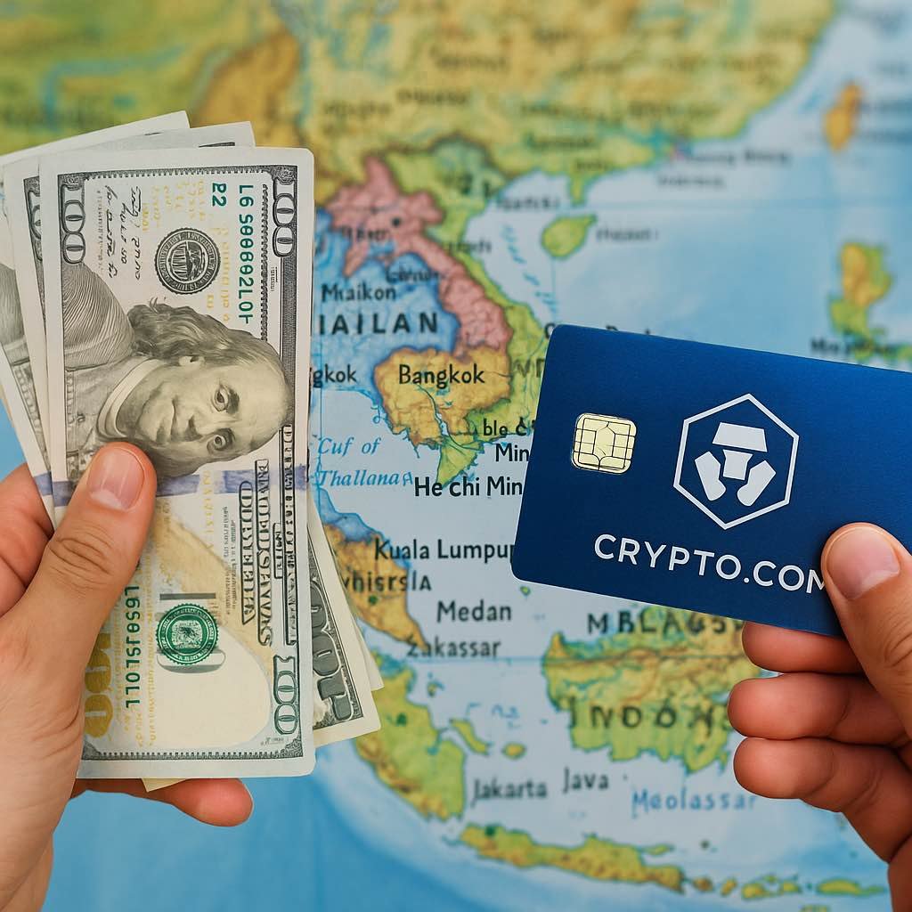 Main tenant des billets de dollars et carte crypto devant une carte de l’Asie du Sud-Est, symbolisant le transfert d’argent hors système bancaire pour les expatriés