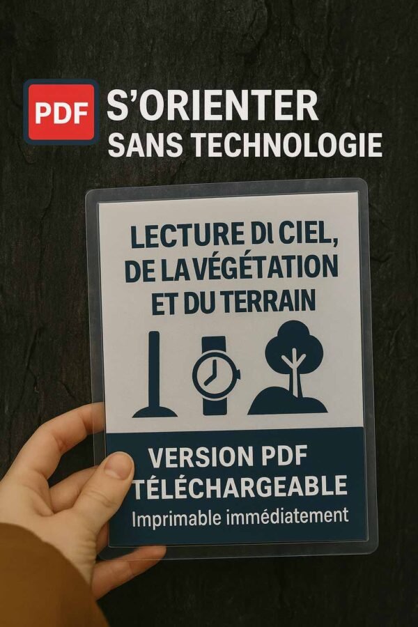 Visuel fiche téléchargeable “S’orienter sans technologie”, avec pictogrammes de bâton, montre et arbre sur fond bois, et mention "Version PDF téléchargeable – Imprimable immédiatement"