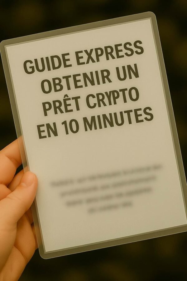 Main tenant une fiche plastifiée Guide Express : obtenir un prêt crypto en 10 minutes, version résistante pour kit de résilience