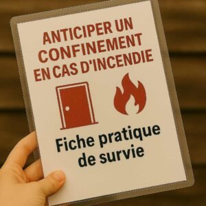 Une main tient une fiche plastifiée intitulée « Anticiper un confinement en cas d’incendie – Fiche pratique de survie » sur fond naturel flouté.