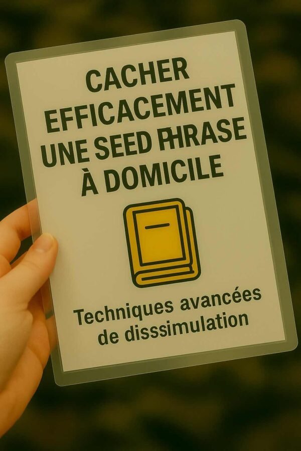 Main tenant une fiche plastifiée “Cacher efficacement une seed phrase à domicile” avec icône de livre jaune et fond flou