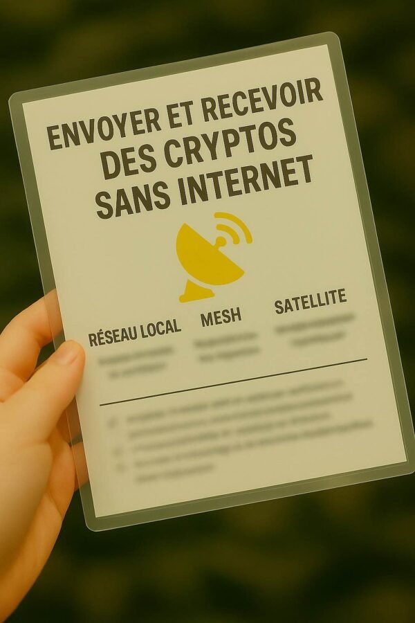 Main tenant une fiche plastifiée “Envoyer et recevoir des cryptos sans Internet” avec icône de satellite jaune et rubriques réseau local, mesh et satellite
