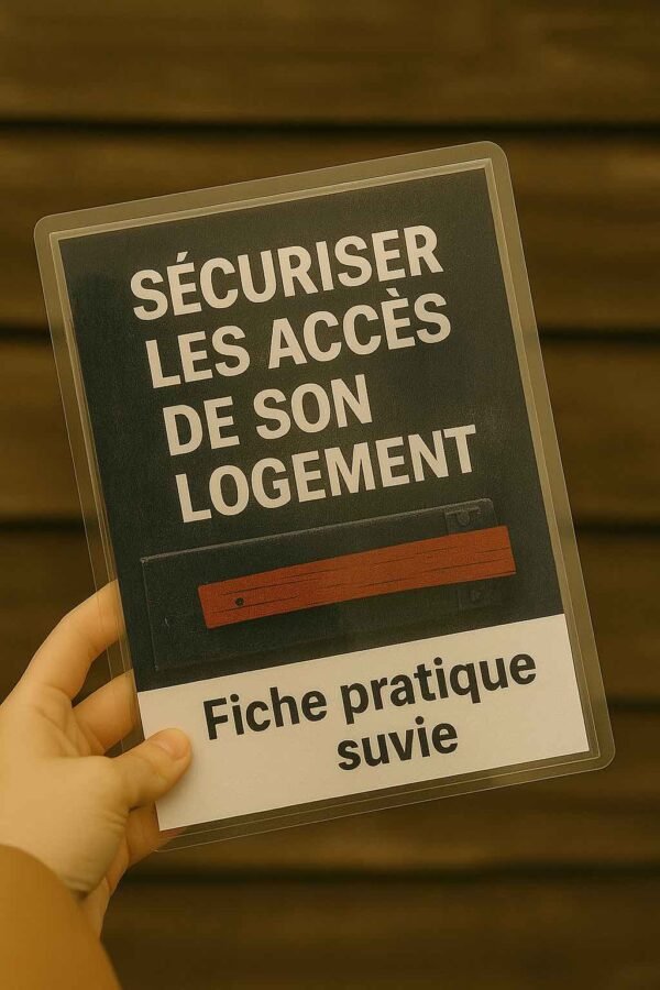 Photo d’une fiche plastifiée “Sécuriser les accès de son logement” tenue en main, avec fond bois et visuel de verrou rouge