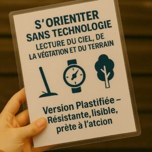 Photo d’une fiche plastifiée “S’orienter sans technologie” tenue en main, avec pictogrammes de bâton, montre et arbre, sur fond bois foncé