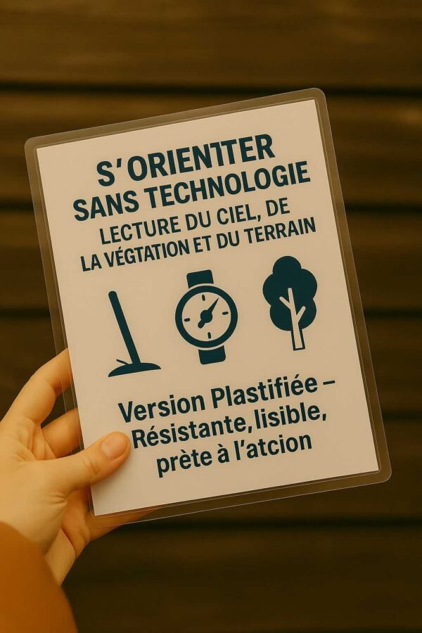 Photo d’une fiche plastifiée “S’orienter sans technologie” tenue en main, avec pictogrammes de bâton, montre et arbre, sur fond bois foncé