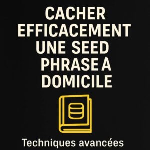 Visuel PDF “Cacher efficacement une seed phrase à domicile” avec icône de livre jaune sur fond noir