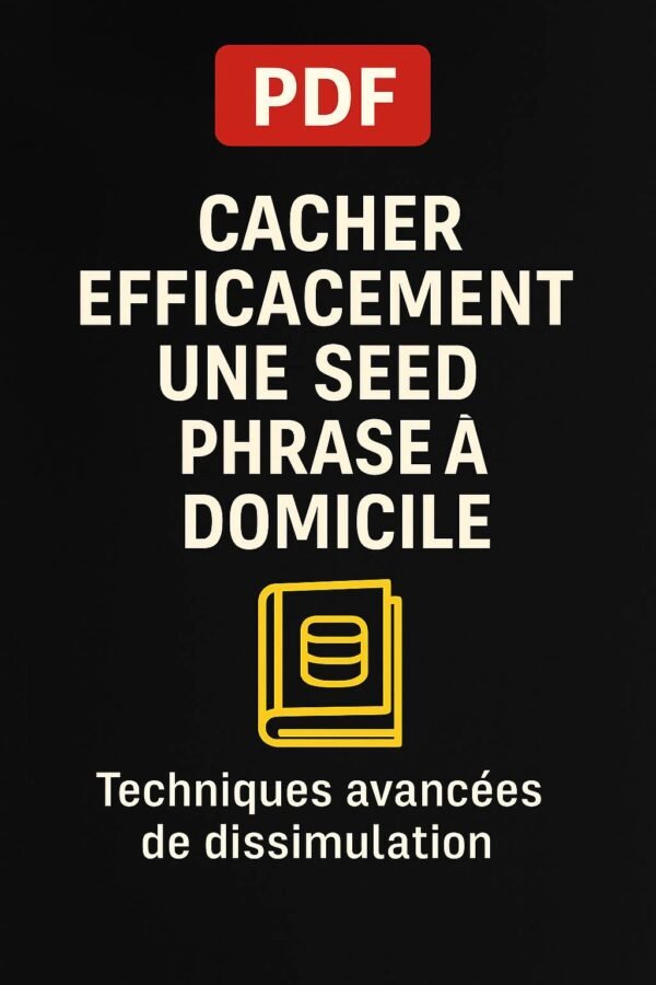 Visuel PDF “Cacher efficacement une seed phrase à domicile” avec icône de livre jaune sur fond noir