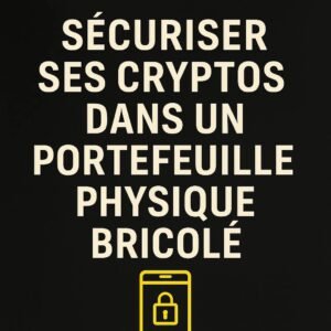 Couverture de la fiche PDF “Sécuriser ses cryptos dans un portefeuille bricolé”, avec pictogramme de smartphone verrouillé sur fond noir