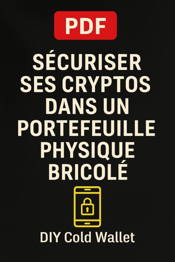 Couverture de la fiche PDF “Sécuriser ses cryptos dans un portefeuille bricolé”, avec pictogramme de smartphone verrouillé sur fond noir
