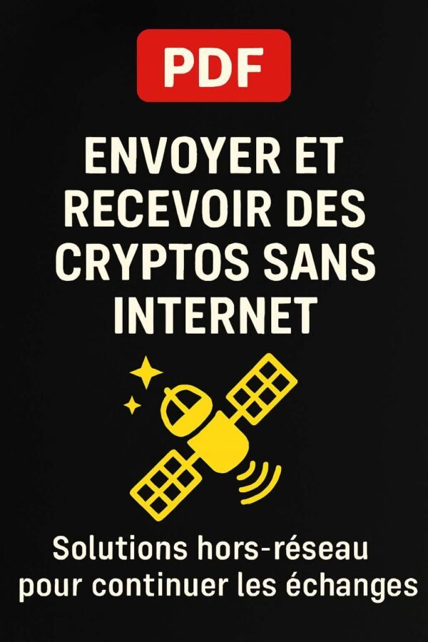 Visuel PDF “Envoyer et recevoir des cryptos sans Internet” avec icône de satellite jaune et fond noir