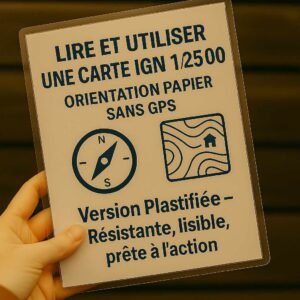 Fiche plastifiée “Lire une carte IGN 1/25 000”, résistante et lisible, tenue en main, conçue pour l’orientation sans technologie en extérieur