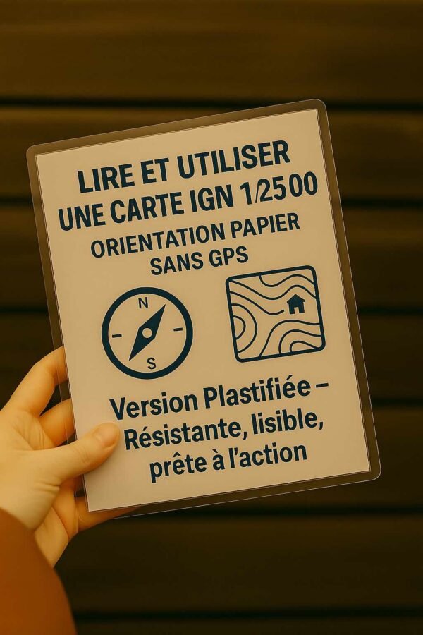 Fiche plastifiée “Lire une carte IGN 1/25 000”, résistante et lisible, tenue en main, conçue pour l’orientation sans technologie en extérieur