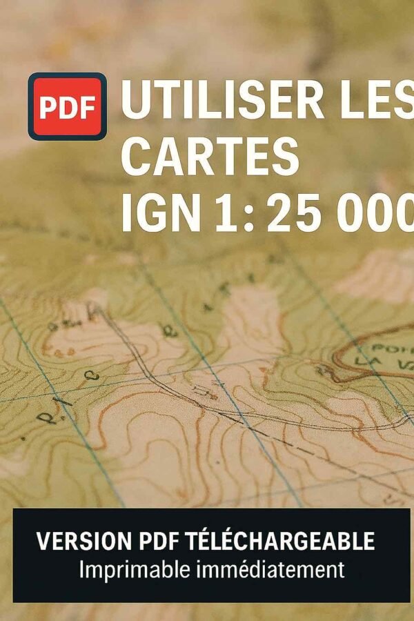 Miniature de la fiche PDF “Lire une carte IGN 1/25 000”, imprimable immédiatement, fond sombre avec carte et boussole stylisées